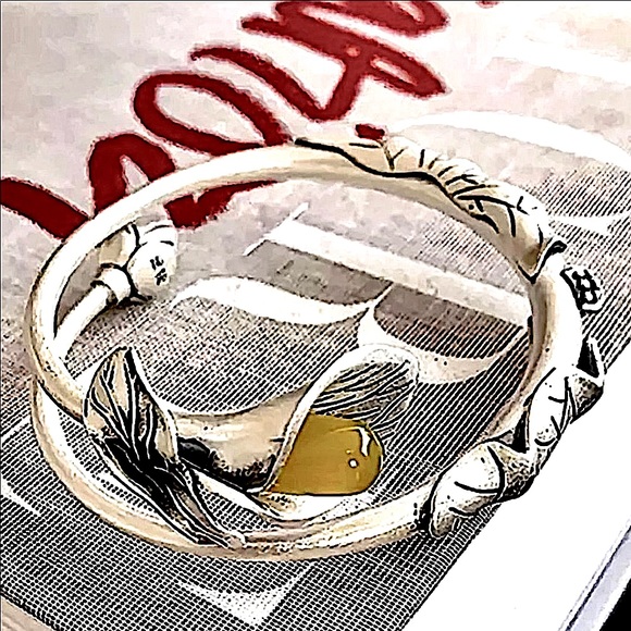 STERLING SILVER HANDMADE VINTAGE JADE FLOWER BANGLE BRACELET - Picture 2 of 13